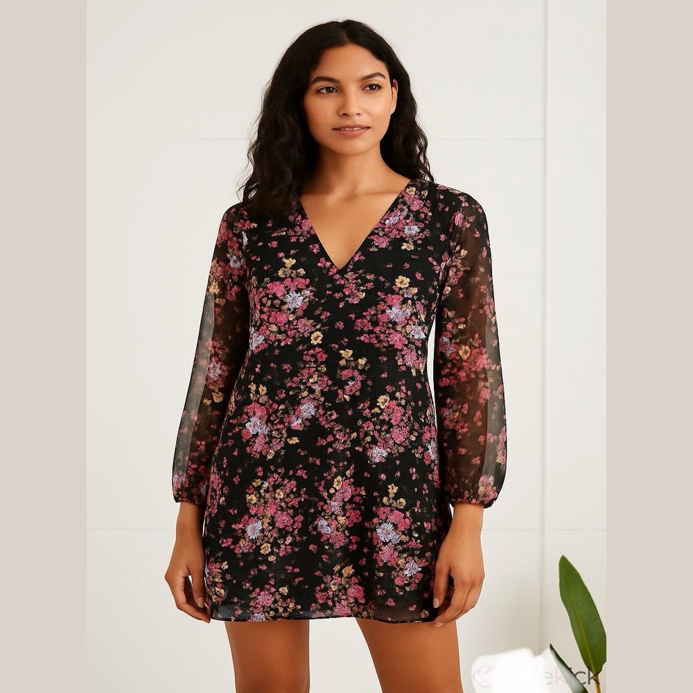 BCBGeneration Black and Pink Bishop Sleeve V-Neck Dress